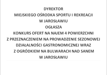 OGŁOSZENIE O KONKURSIE NA NAJEM POWIERZCHNI NA BULWARACH NAD SANEM